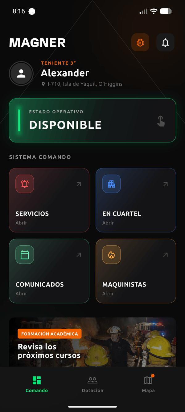 App móvil MAGNER con el estado operativo del bombero detectado por geocerca